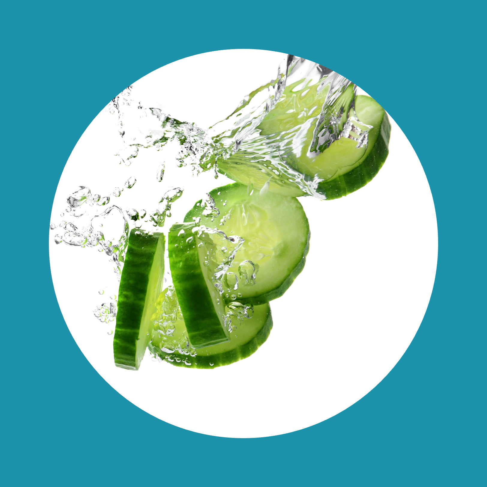 Falling of fresh cucumber slices into water against white background