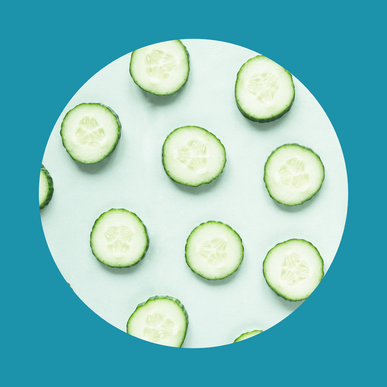 Pattern with freshly cut cucumber slices on green background