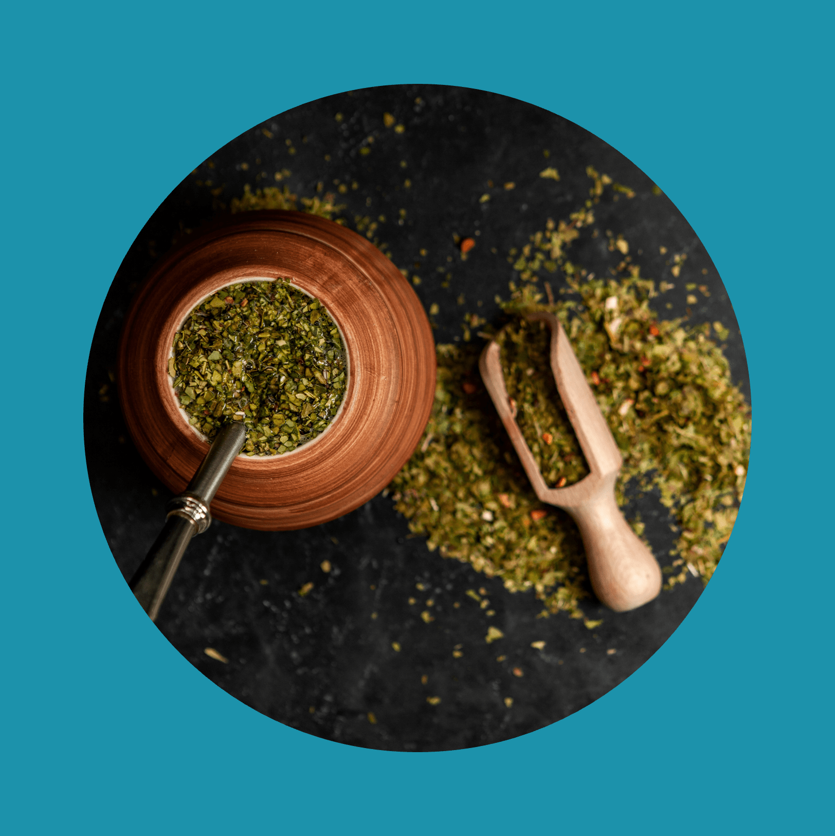 Beautiful composition of yerba mate on a black background - Juicy and green leaves without sticks