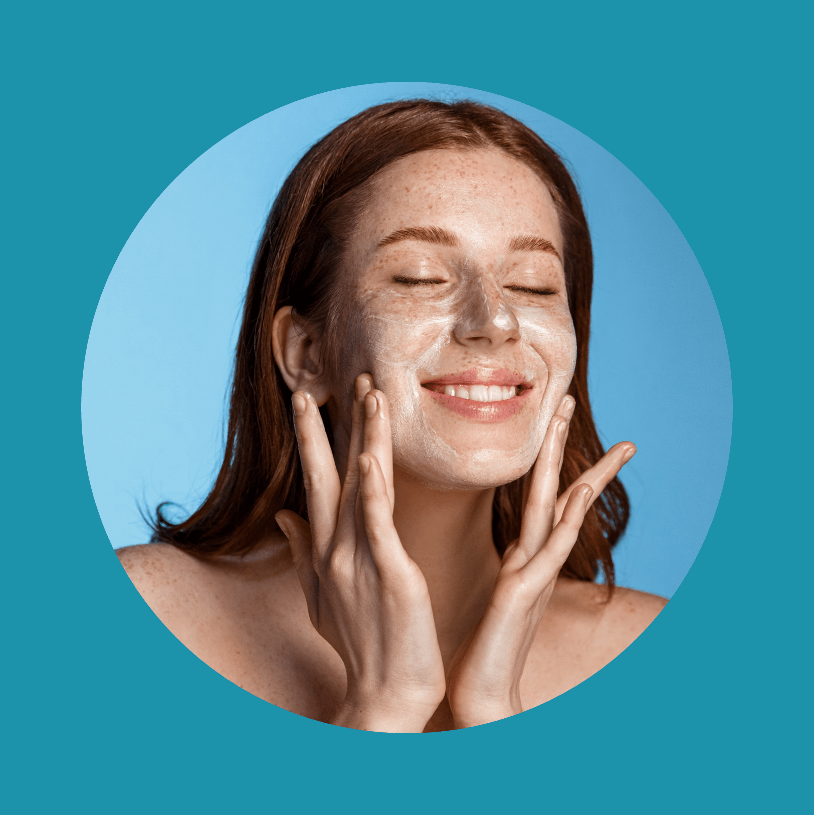 Smiling redhead girl with freckles washing her face, using cleanser, skin care gel after shower, standing over blue backgroundSmiling redhead girl with freckles washing her face, using cleanser, skin care gel after shower, standing over blue background