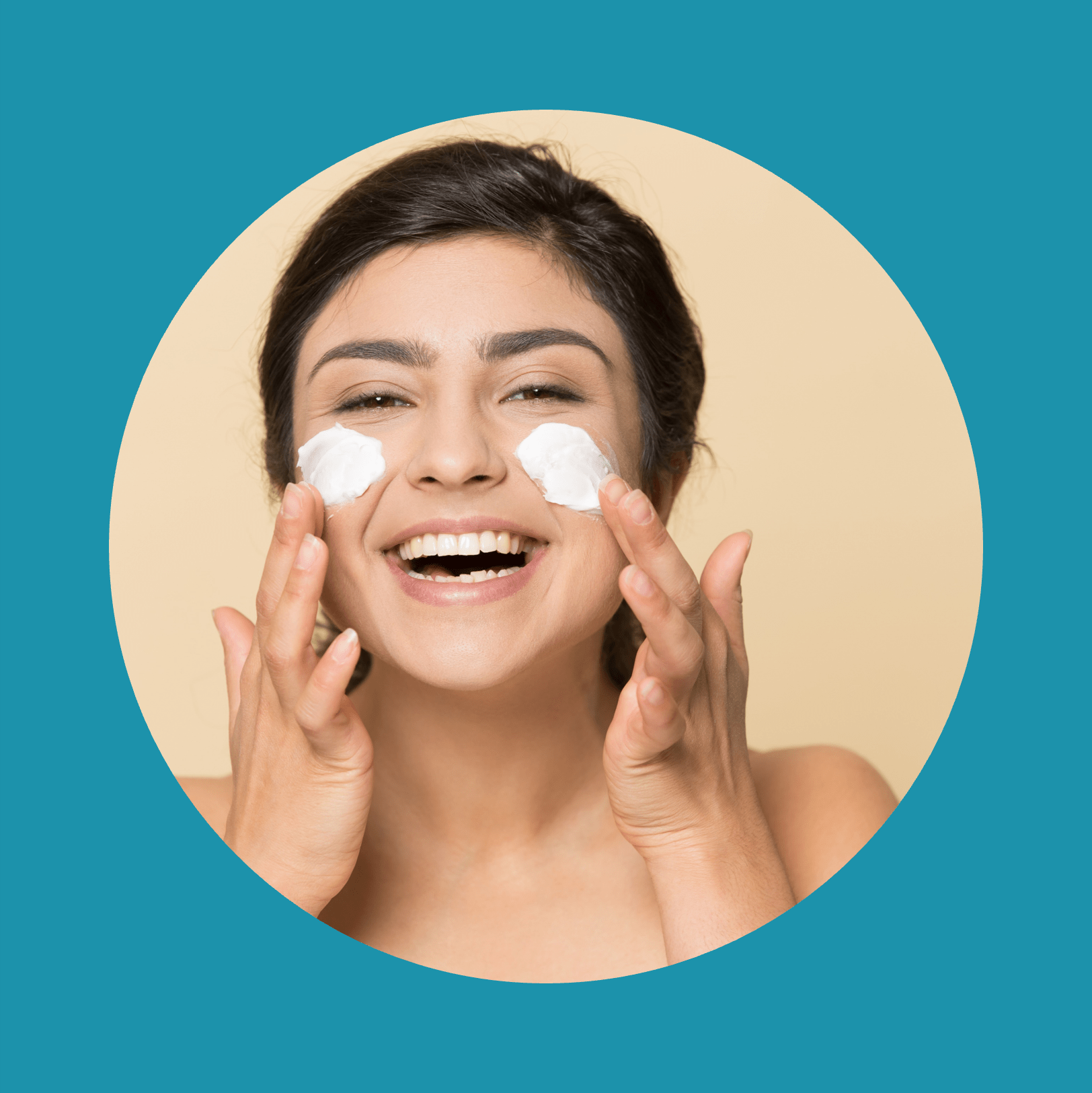 Headshot portrait happy Indian woman applying face cream