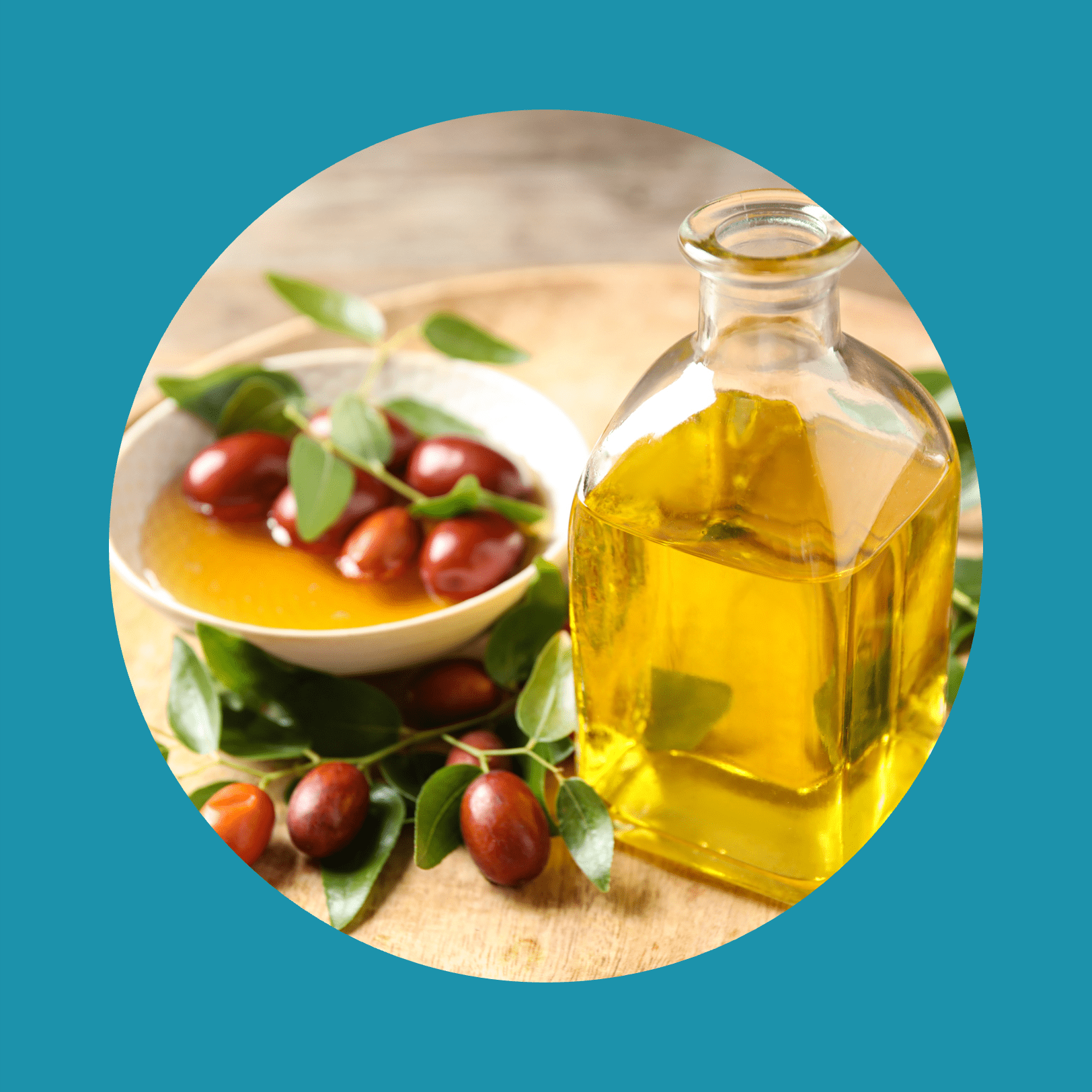 Glass bottle with jojoba oil and seeds on wooden table